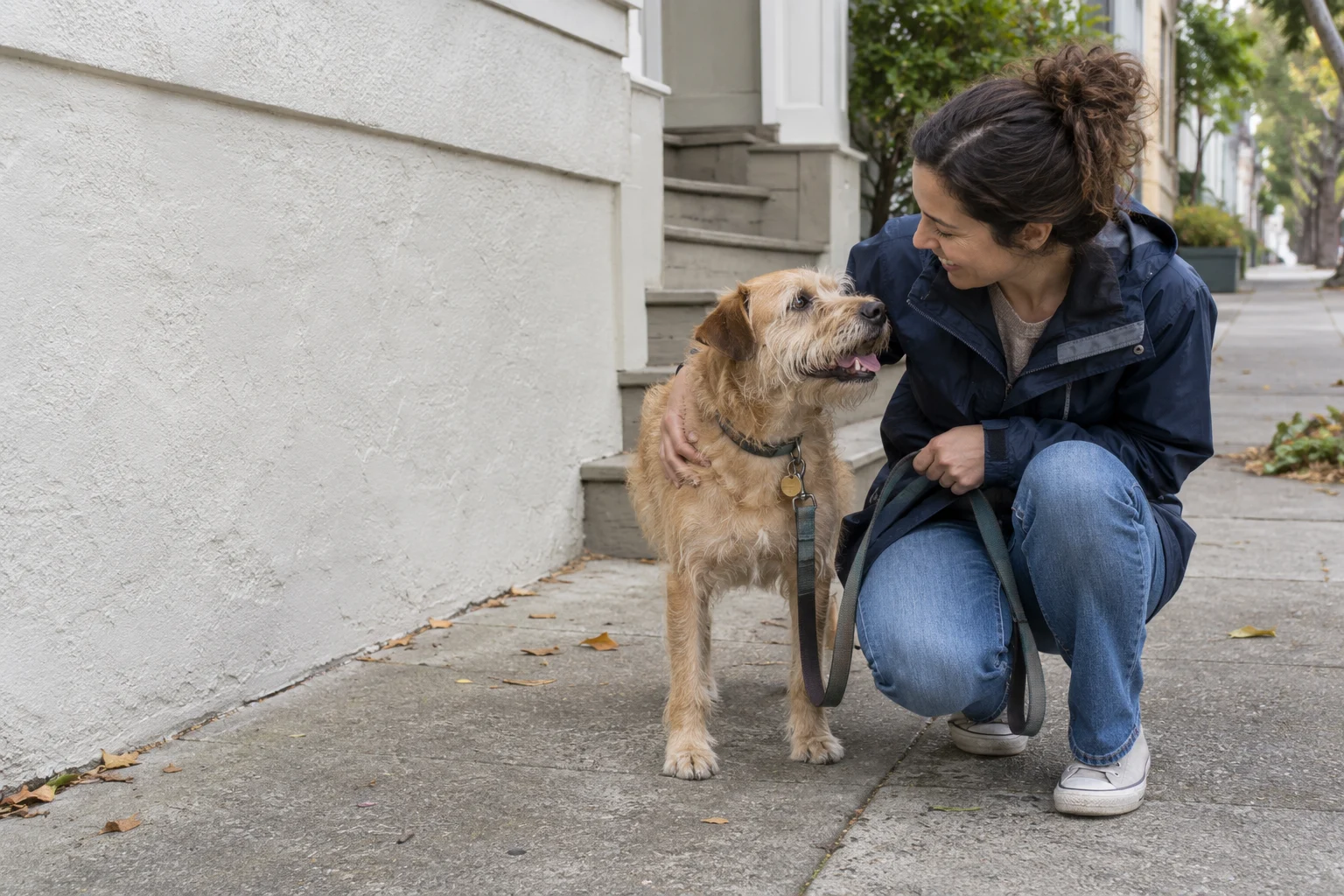 A person with their terrier outside their home